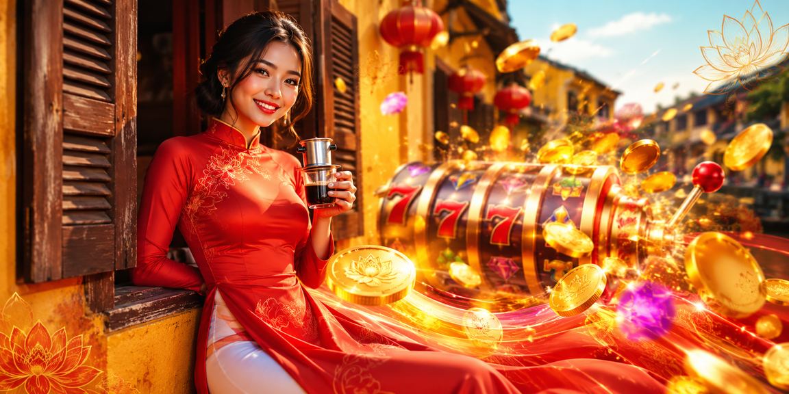 Phụ nữ mặc áo dài Hội An đang trải nghiệm trò chơi slot game trên điện thoại buổi tối